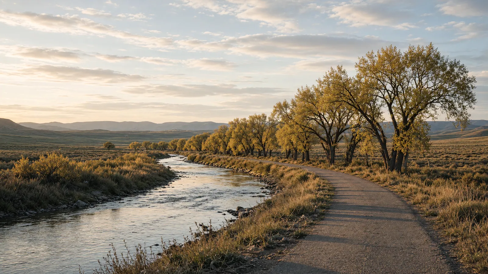 Empty Laramie River corridor and high-plains valley light in Albany County, Wyoming