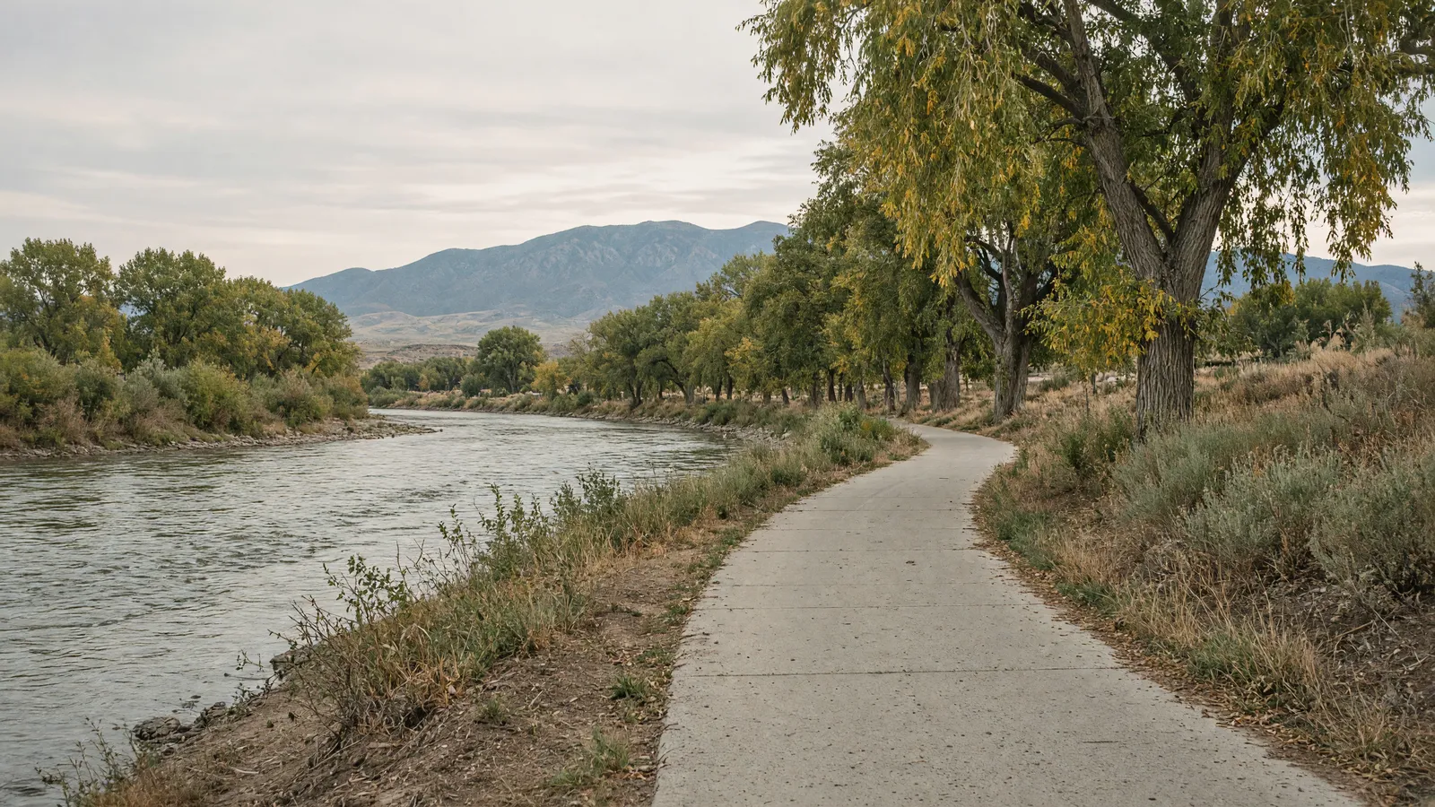 Empty North Platte river corridor and Casper skyline light in Natrona County, Wyoming