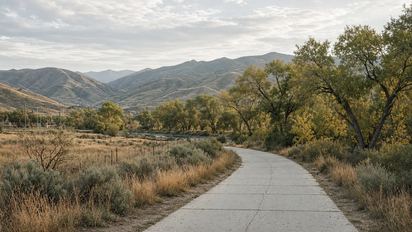 Empty Bighorn foothills and town-edge pathway light near Sheridan in Sheridan County, Wyoming