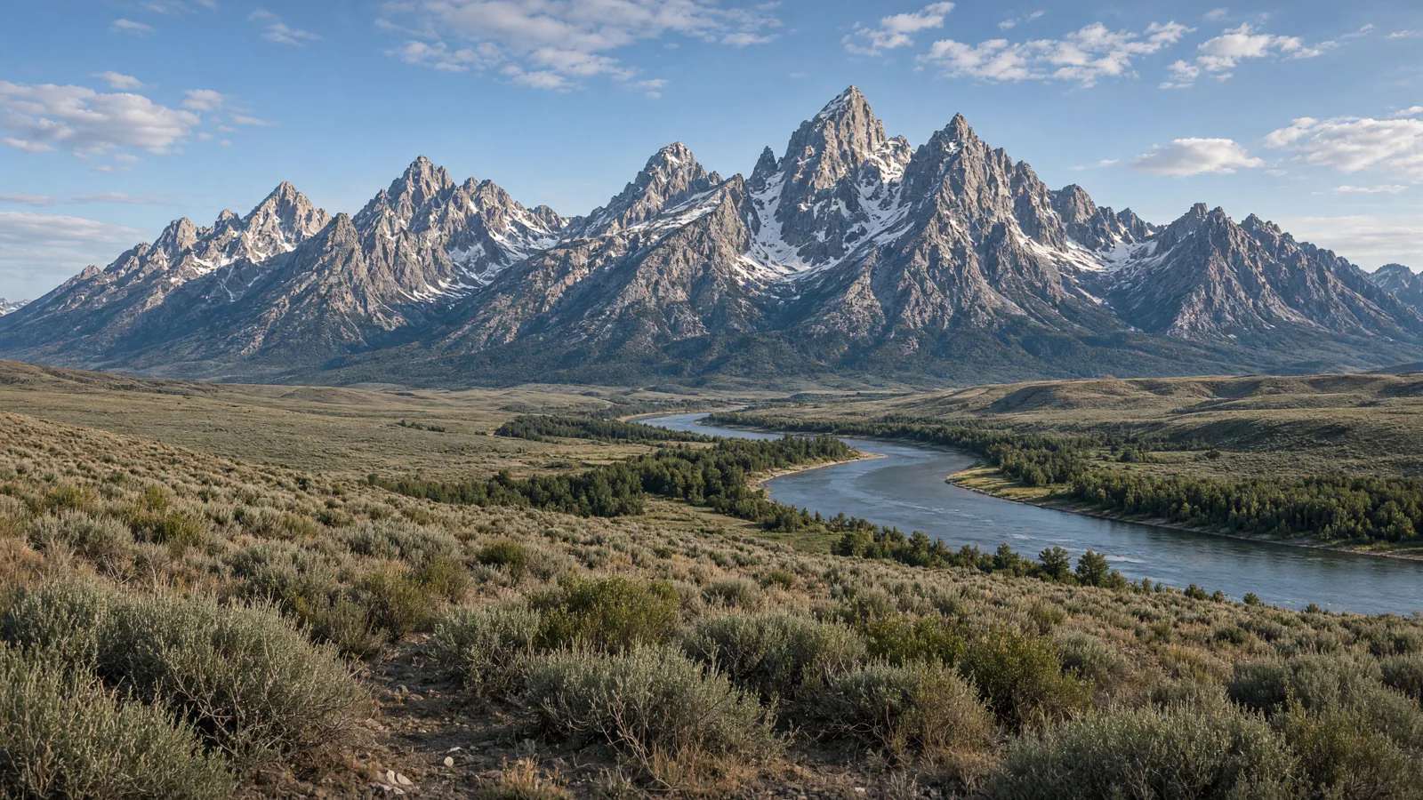 Grand Teton peaks above Snake River valley, Wyoming