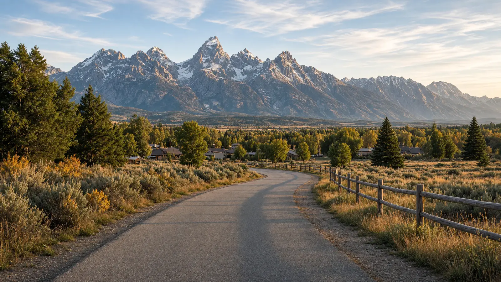 Empty paved pathway toward the Teton Range in Teton County, Wyoming