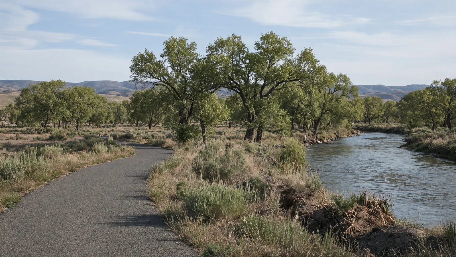 Empty Bear River corridor and high-plains light near Evanston in Uinta County, Wyoming